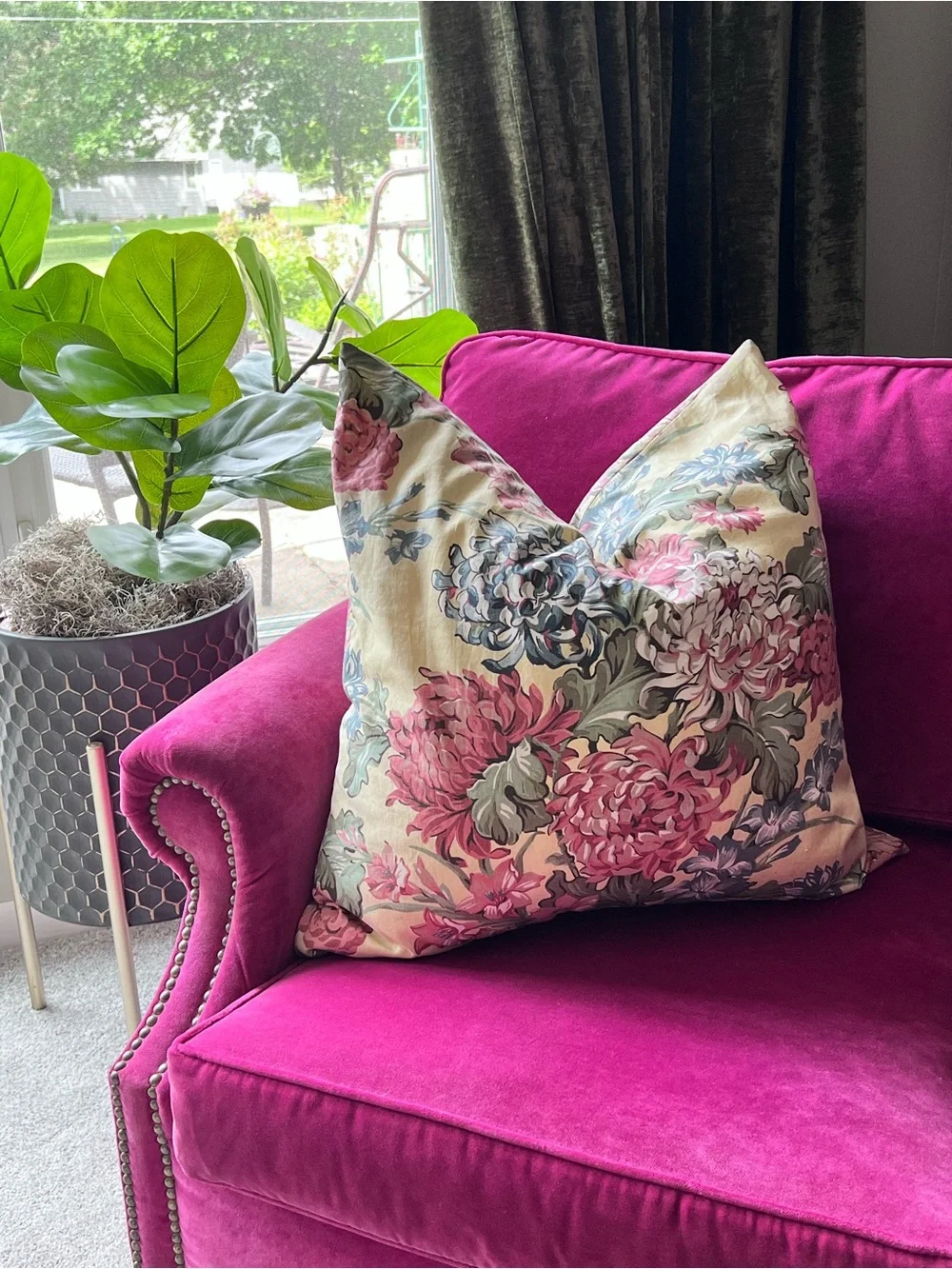 Pottery Barn Floral Euro Pillow Cover LINEN COTTON 24” x 24” blue pink yellow